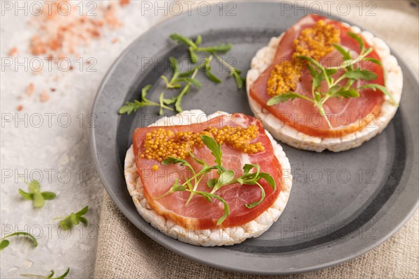 Puffed rice cake sandwiches with jerky salted meat, microgreen and mustard on gray concrete background and linen textile. side view, close up, selective focus