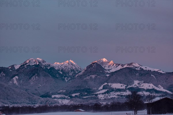 Snowy landscape at sunrise with mountain panorama, view of Wendelstein, Nussdorf, Bavaria, Germany, Europe