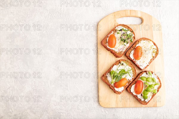 Red beet bread sandwiches with cream cheese, tomatoes and microgreen on gray concrete background. top view, flat lay, copy space