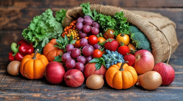 Autumn harvest of fruits and vegetables neatly arranged around a rustic basket on wood, AI generated
