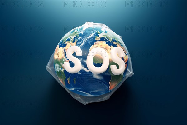 Planet earth in plastic bag with SOS letters. Earth pollution concpet. KI generiert, generiert AI generated