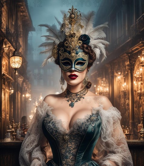 Woman in a grandiose masquerade costume and mask standing in a luxurious, baroque environment in Venice, Italy, carnival traditional festival celebration, at night AI generated, Europe