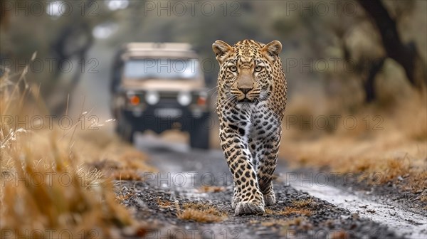 Leopard (Panthera pardus) in natural environment with Jeep, Landrover, AI generated