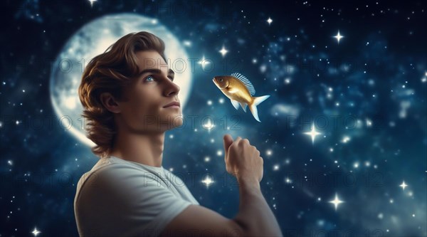 A young man Pisces according to the zodiac sign with brown hair and blue eyes with a fish in his hands against the background of the starry sky. interpretation of the zodiac sign in human form, AI generated