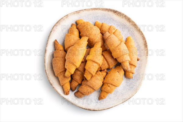Homemade bagel roll isolated on white background. top view, flat lay, close up