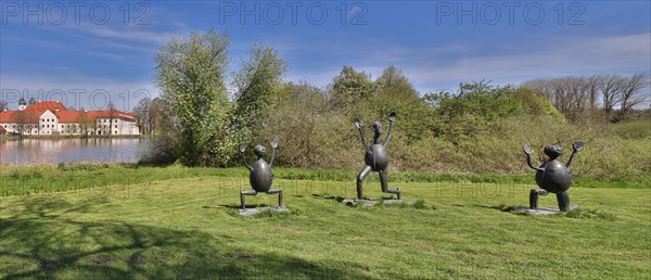 Three sculptures by Heinrich Kirchner in front of Seeon Monastery, dream weather in May, Seeon, Upper Bavaria, Bavaria, Germany, Europe