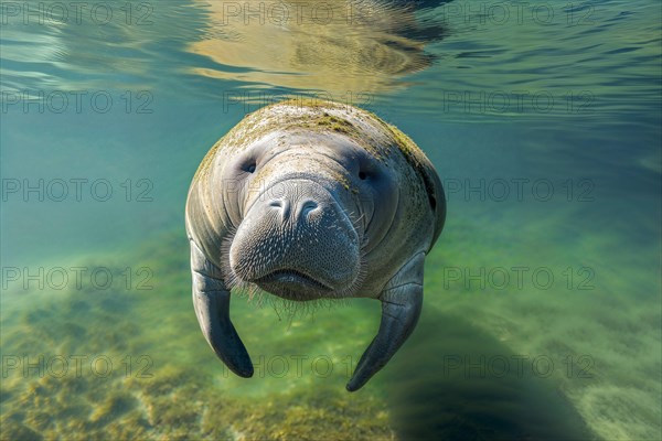 A manatee or west indian manatee (Trichechus manatus) swims leisurely in clear blue-green water, AI generated, AI generated