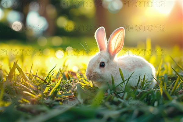 Bunny with large, attentive ears, basking in the golden hour sunlight amidst a lush green field, AI generated