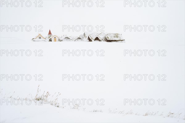 Grass sod houses, peat farm or peat museum Glaumbaer or Glaumbaer in winter, Skagafjoerour, Norourland vestra, Iceland, Europe