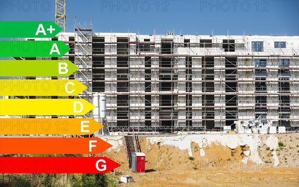 New development area of a residential neighbourhood, graphic with energy efficiency classes for buildings according to the GEG, Duesseldorf, Germany, energy efficiency, Europe