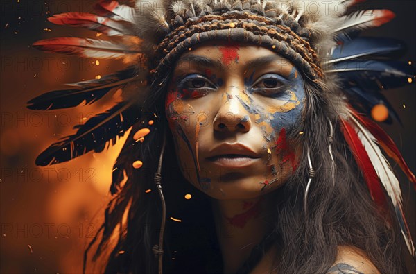 Portrait of a woman with Indian headdress, feathers and face painting in front of a warm background, AI generated, AI generated