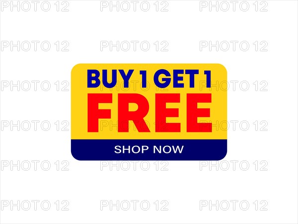 Yellow discount tag with Buy 1 Get 1 Free and Shop Now text