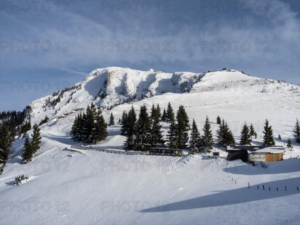 Winter mood, snow-covered landscape, snow-covered alpine peaks, view from the Schafbergalm to the Schafberg, near St. Wolfgang am Wolfgangsee, Salzkammergut, Upper Austria, Austria, Europe