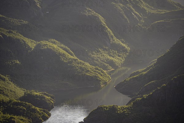 Fjord landscape with atmospheric evening light, Ulvagfjorden fjord and mountains, view from the top of Dronningsvarden or Stortinden, Vesteralen, Norway, Europe