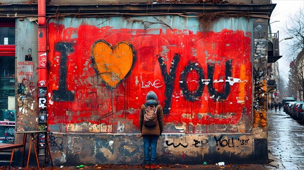I Love You with a heart as a substitute for Love, with a red background was painted on a house wall, in front of it a person with a hood and backpack, AI generated, AI generated, graffiti