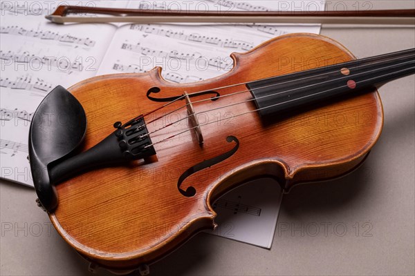 Half viola with bow and music book in front of a monochrome background, studio photograph, Germany, Europe