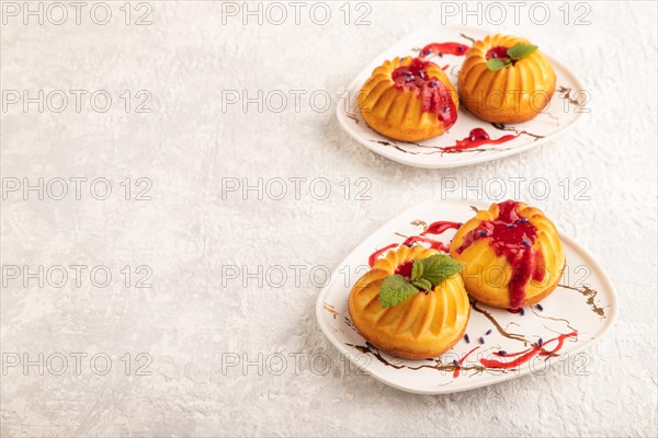 Semolina cheesecake with strawberry jam, lavender on gray concrete background. side view, copy space