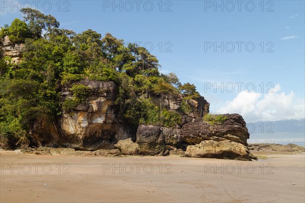 Cliff in Bako national park, sunny day, blue sky and sea. Vacation, travel, tropics concept, no people, Malaysia, Kuching, Asia