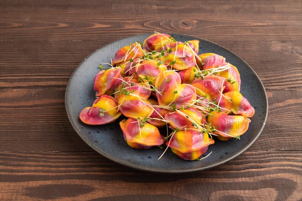 Rainbow colored dumplings with pepper, herbs, microgreen on brown wooden background. Side view, close up