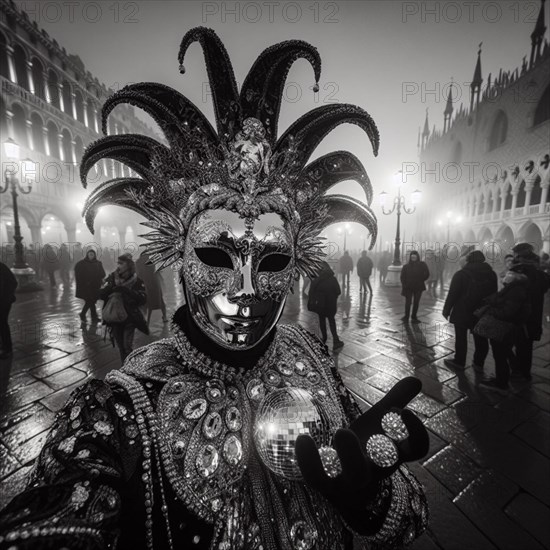 A person in a mysterious mask at the Venice carnival, captured in monochrome at night, street photography style, ai generated, AI generated