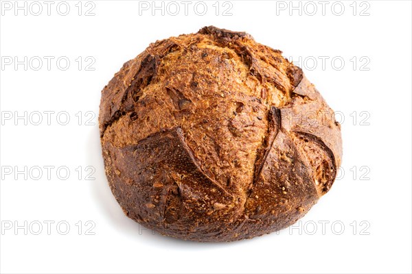 Fresh homemade golden grain bread with wheat and rye isolated on white background. side view, close up
