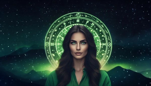 Young woman astrologer, tarot reader with dark hair and green eyes against the background of the starry sky.AI generated