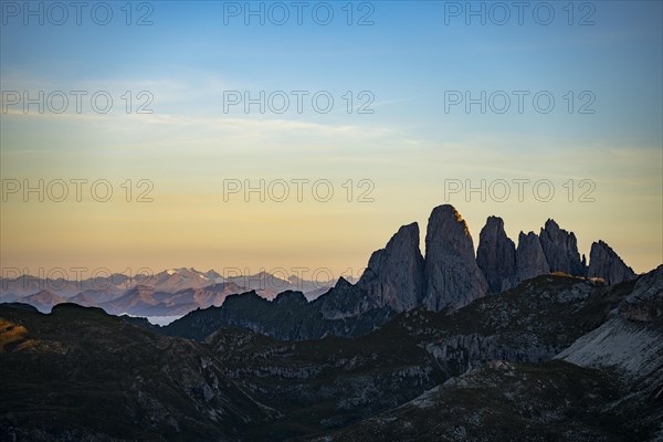 Blue hour with Dolomite peaks, Corvara, Dolomites, Italy, Europe