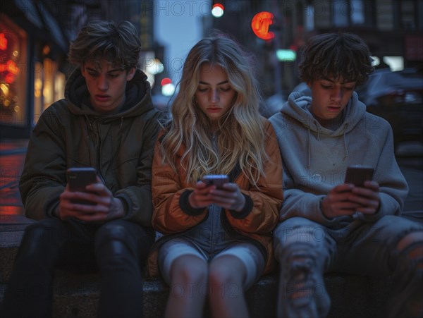 Several young people look bored at their cell phones, neglect social contacts, sport, reading, AI generated