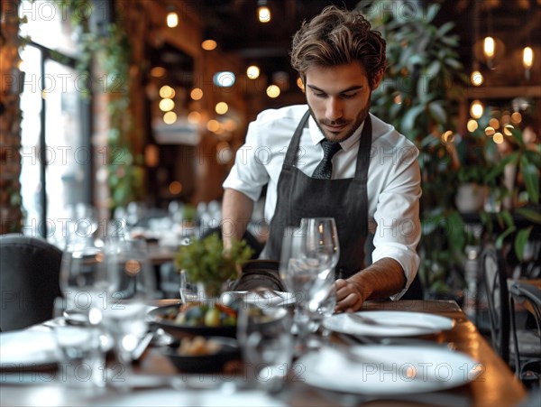 A dedicated waiter decorates the tables in a restaurant, AI generates, AI generated