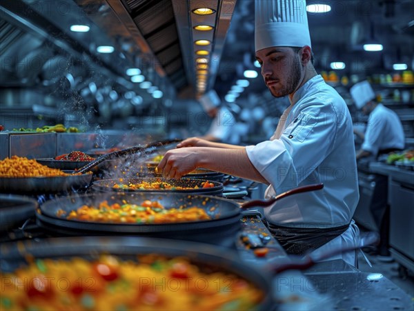 Chefs in a commercial kitchen at work, AI generated