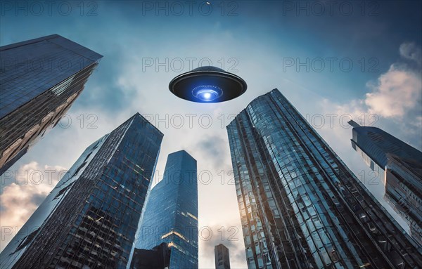 Science fiction, space travel, a UFO, a spacecraft of extraterrestrial beings, hovers over the skyline of a metropolis, AI generated, AI generated
