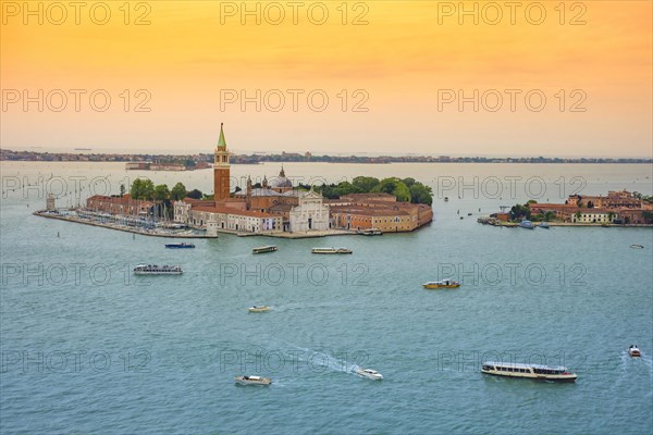 Aerial view of the island with the church of San Giorgio Maggiore, view from the Bell Tower (Campanile di San Marco), in Venice, Italy, at sunrise, Europe
