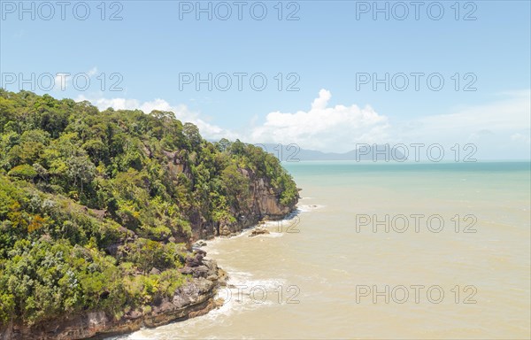 Bako national park, sea sandy beach, sunny day, blue sky and sea. Vacation, travel, tropics concept, no people, Malaysia, Kuching, Asia