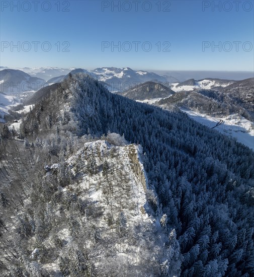 View over the first Jura chain with Belchenflueh towards the second Jura chain and Langenbruck, drone image, Haegendorf, Solothurn, Switzerland, Europe