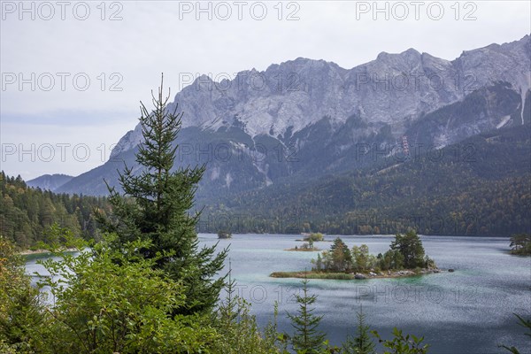Zugspitze massif with Eibsee lake, Wetterstein mountains, Grainau, Werdenfelser Land, Upper Bavaria, Bavaria, Germany, Europe