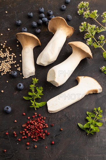 King Oyster mushrooms or Eringi (Pleurotus eryngii) on black concrete background with blueberry, herbs and spices. Side view
