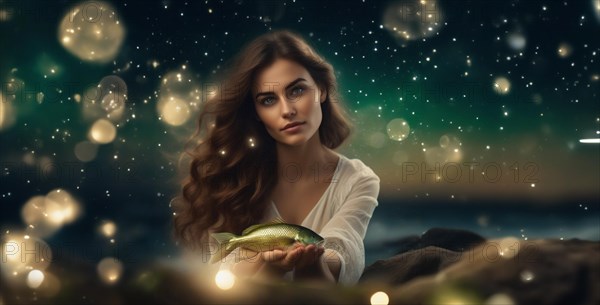 Young woman Pisces according to the zodiac sign with brown hair and blue eyes with a fish in her hands against the background of the starry sky. interpretation of the zodiac sign in human form.AI generated