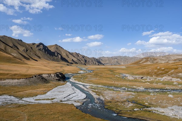 Mountain landscape with yellow meadows, Kol Suu river and hills with grass, Tien Shan, Naryn province, Kyrgyzstan, Asia