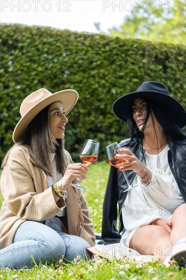 Portrait of two funny friends having a good time drinking wine and laughing in the park
