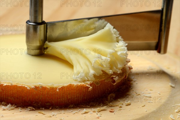 Cheese 'Tete de Moines' with turning knife Girolle, cheese rosettes, Moenchskopf, Switzerland, Europe