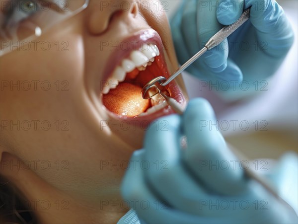 A patient is treated in a dental practice by a dentist, AI generated