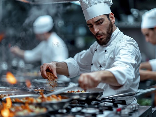 Chefs in a commercial kitchen at work, AI generated