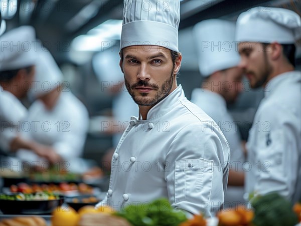 Chefs in a commercial kitchen at work, AI generated