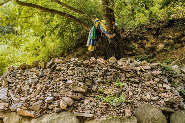 Colorful clothes wrapped around a tree beside numerous pebble stacks and loose stones in South Korea
