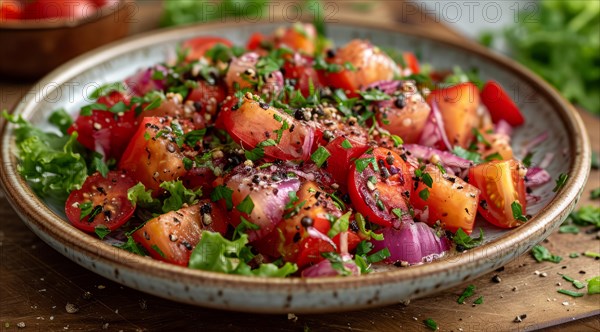 Mediterranean fresh and appetizing tomato salad with lettuce, red onion, and parsley in a seasoned dressing, AI generated