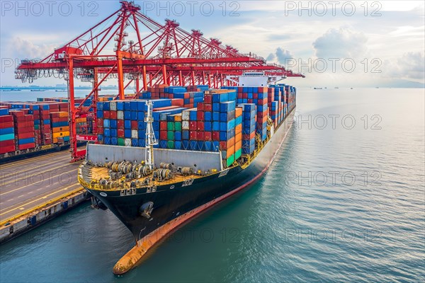 A large container ship in the harbour loaded with colourful containers under a partly cloudy sky, AI generated, AI generated