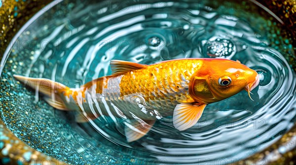 An orange koi carp swims in a very small bowl and lifts its head out of the clear water, AI generated, AI generated