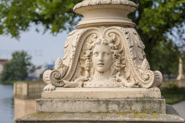 Schwerin Castle, portrait relief in the base of a street lamp with lizard creatures and foliage, Schwerin, Mecklenburg-Western Pomerania, Germany, Europe