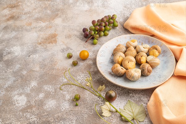 Grape (Burgundy) snails with butter and cheese on brown concrete background and orange textile. Side view, copy space