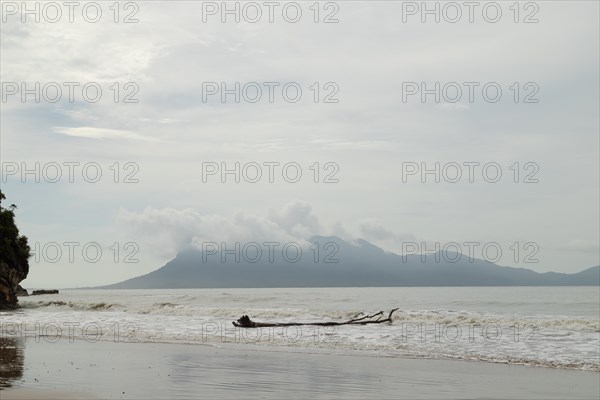 Bako national park, sea sandy beach, overcast, cloudy day, sky and sea. Vacation, travel, tropics concept, no people, Malaysia, Kuching, Asia